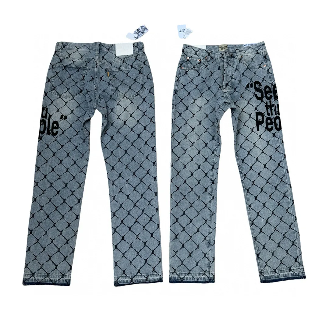 -Size upper body P240#G786 GALLERY DEPT. Steel mesh letter printed slim jeans jeans casual group trendy American slim men's and women's trousers Color: blue Size: S-XXL (corresponding to 28-36)